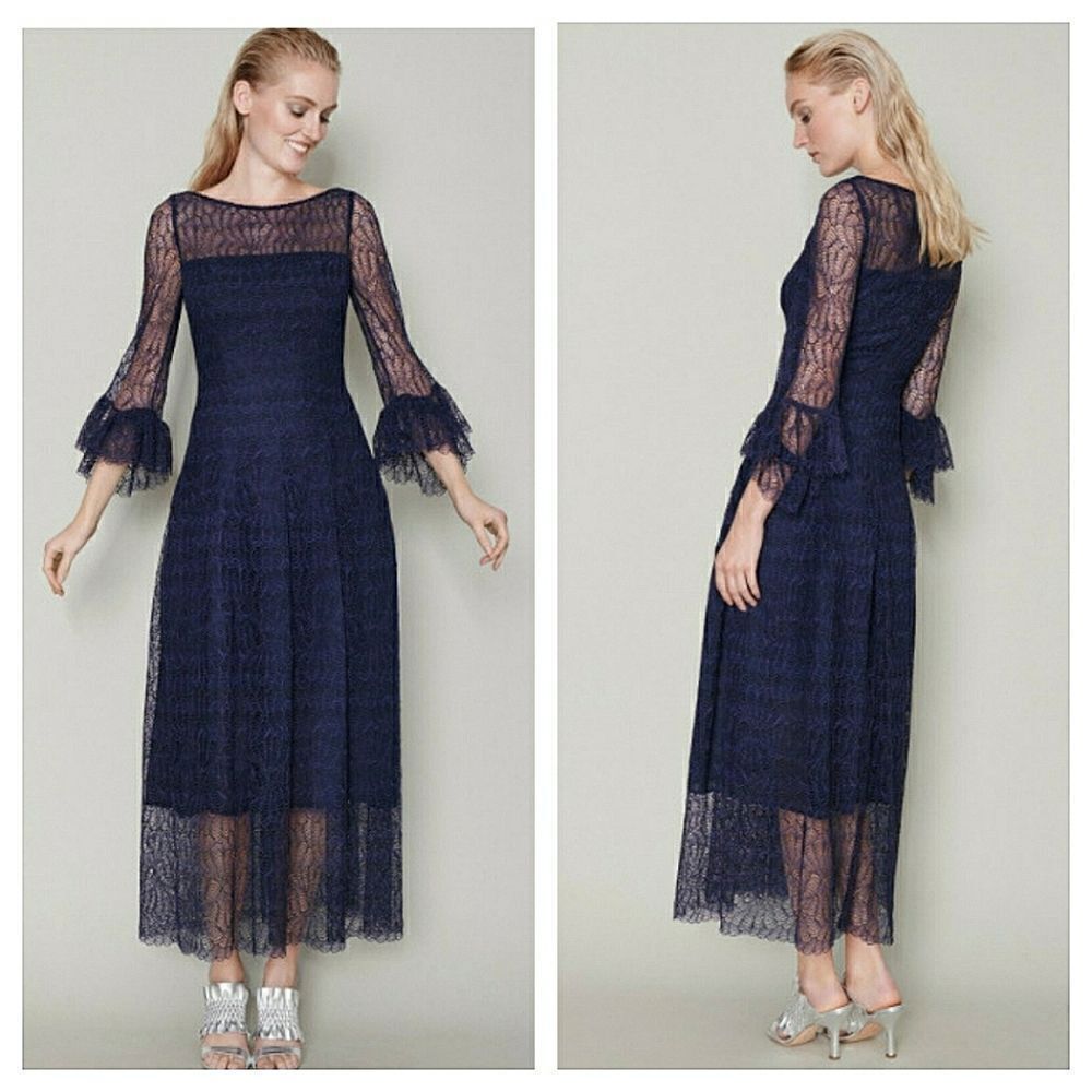 Talbot Runhof Navy Blue Lace Long Sleeve Dress